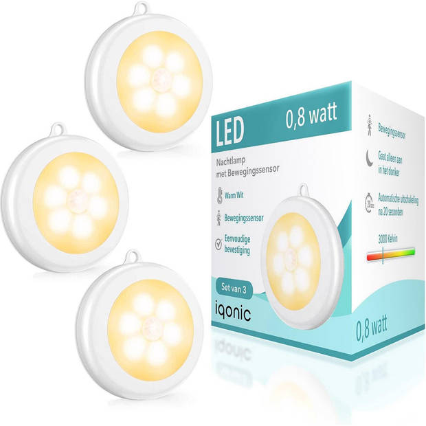 Iqonic - 3er Pack kabellose Led-Lampe - Warmweiß - 8x8x1