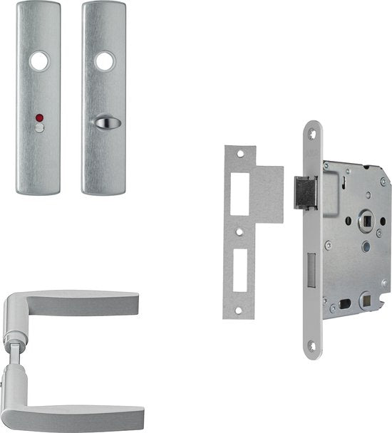 AXA Innentürbeschlagset (Curve Click) Aluminium poliert: Griff (Modell Curve) auf Schild für WC/Bad TL63-8 und Schloss mit weißer Stulpe