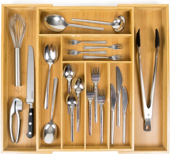 Budu Extendable Bamboo Cutlery Tray #50 (50 cm tief) - Besteckkassette Holz - Besteckschublade - 50 x 34.1 - 56 cm - 6/8 Fächer