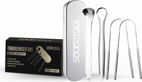 SolidStock Professioneller Zungenschaber - 5 in 1 Set - Zur Mundpflege - Zungenreiniger - Zungenbürste - Ayurveda - Edelstahl