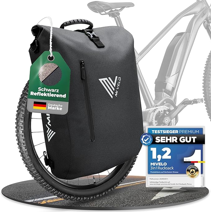 MIVELO Pannier - 3-in-1 Rucksack & Umhängetasche - Wasserdicht & inkl. Laptopfach - 20 Liter - Schwarz Reflektierend