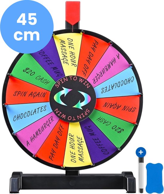 Glücksrad XL - Ø45cm - 14 Schreibfächer - Mit Marker & Wischer - Drehrad - Tischrad - Brettspiel - Luxus-Edition