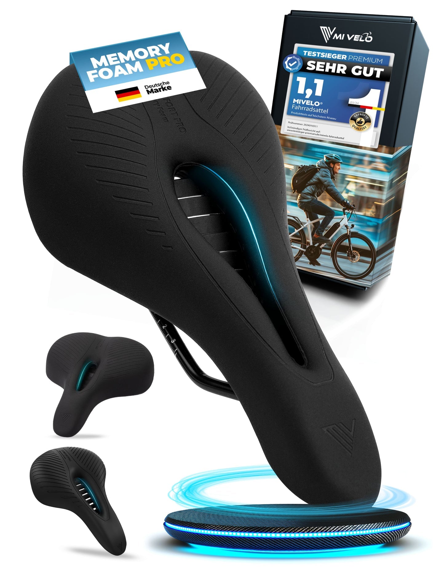 MIVELO Comfort Pro MTB Fahrradsattel - Ergonomisch mit Memory Foam - 100% Wasserdicht - 28 cm x 14 cm - Schwarz