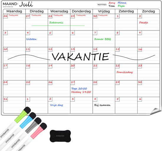 Systemyze Monatsplaner Whiteboard - Magnetische Planungstafel - Magnetischer Wochenplaner - Inklusive Marker & Radiergummi - A3 Format