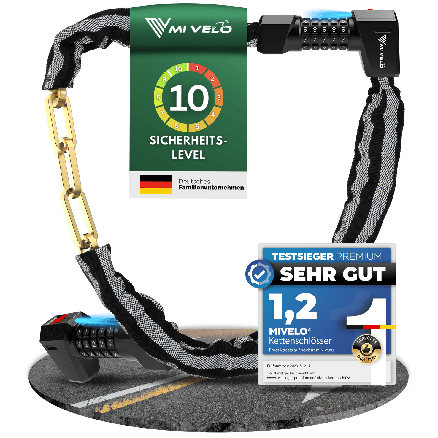 MIVELO Kettenschloss für Fahrräder - Mit Zahlenschloss und LED - 100 CM - Edelstahl