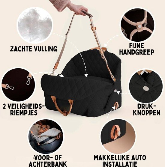 By Cee Cee Carry Bag Dog - Luxus Reisetasche Autositz Hund und Hundekorb in 1 - Schwarz mit Cognac - Hundetasche geeignet für kleine Hunde