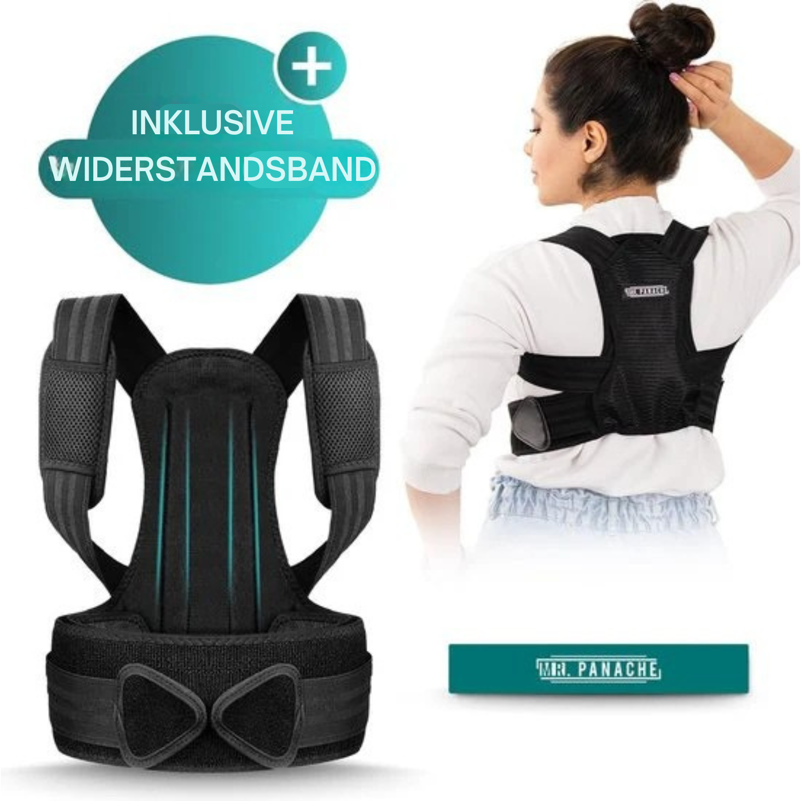 MR. PANACHE - Premium Haltungskorrektor & Rückenbandage - inkl. Widerstandsband - Größe L-XL - Schwarz