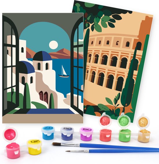 Rubye® Malen nach Zahlen Erwachsene - Italien - Inklusive Farbe und Pinsel - Leinwand Malen nach Zahlen - Doppelset - 15x20cm