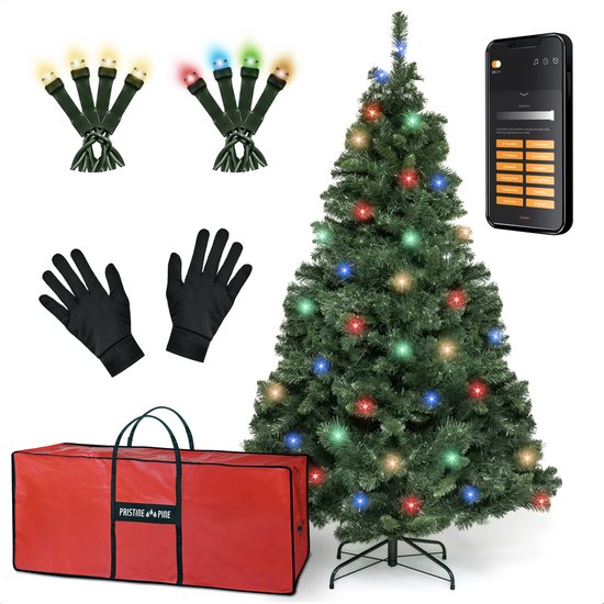 PristinePine Nordic Forest Fir - Kompletter Weihnachtsbaum mit LED-Lichtern (917 Zweige) - Künstlicher Weihnachtsbaum inklusive Aufbewahrungsbeutel und Handschuhen - 280 farbige und warmweiße Lichter - Steuerung über App - 180 cm