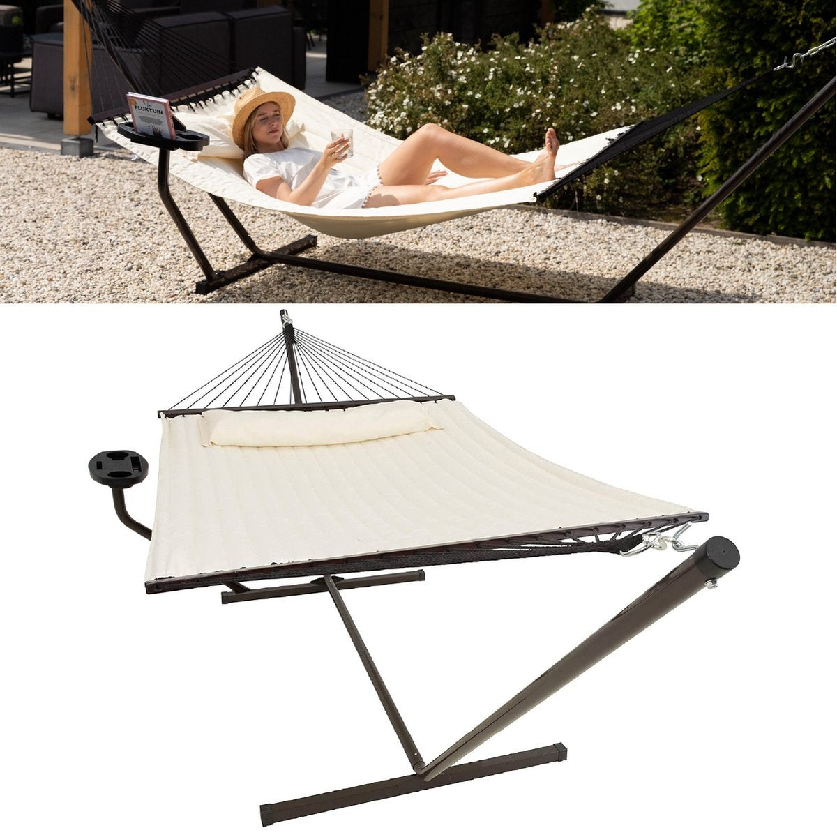 Vita5 - Hängematte - mit Ständer und Spreizstange - 2 Personen - inkl. Getränkehalter - UV-beständig - Beige
