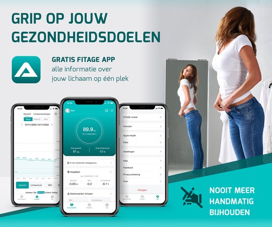 FITAGE LED Weegschaal Personenweegschaal Digitaal - Slimme Weegschaal met 17x Lichaamsanalyse - Weegschalen - FITAGE App