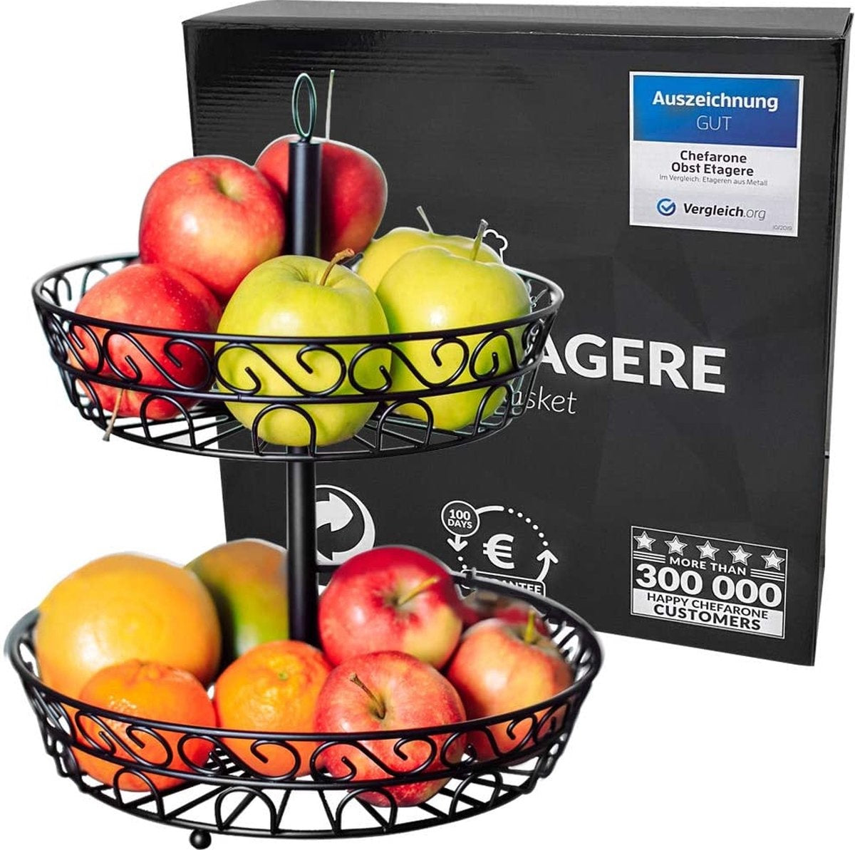Chefarone Obst Etagere - Obstkorb - Obstschale - Gemüsekorb - Aufbewahrung - 2 Schichten - Metall - Schwarz