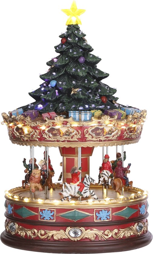 LuVille Weihnachtsdorf Miniatur-Karussell mit Weihnachtsbaum - L22 x B22 x H35 cm