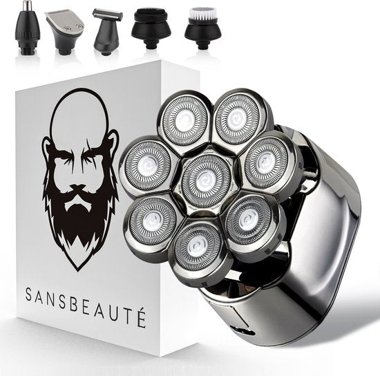 6-in-1 Rasierer für Männer - Trimmer - Clipper - Sansbeauté® SkullSharp PRO | 8 Klingen - Schädelrasierer - Nass & Trocken - Gesichts- und Kopfrasierer - Kopfrasur - USB - Aufsätze