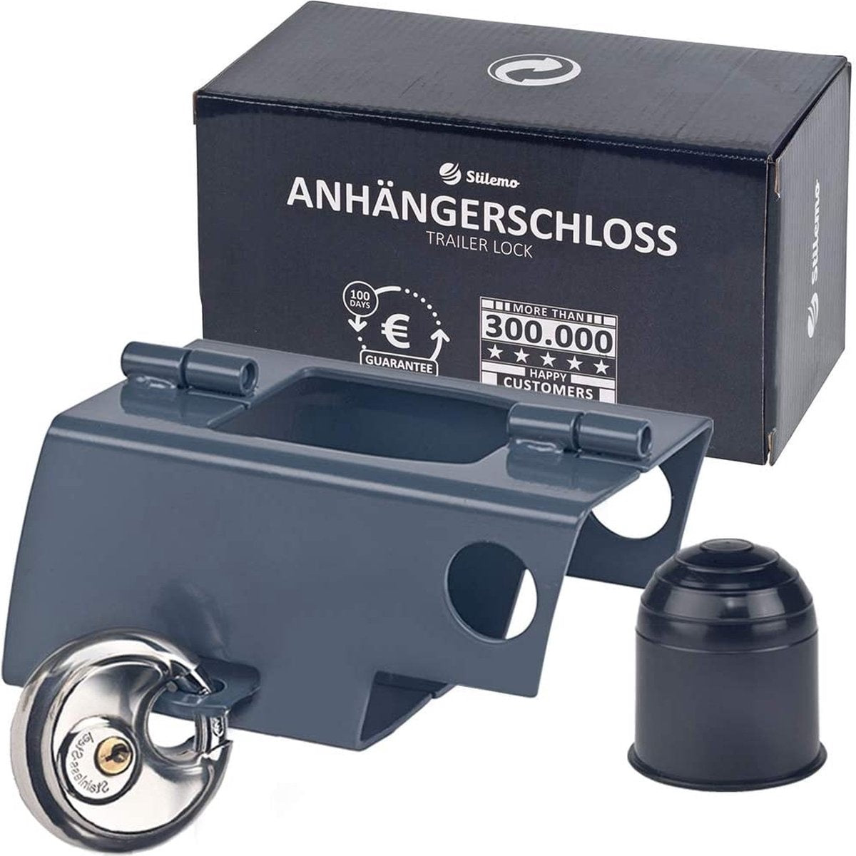 Stilemo Aanhangerslot - Disselslot Incl. Slot en Beschermkap - Roestvrij Staal - Tegen diefstal voor Trailer / Caravan / Aanhangwagen / Aanhanger - Zwart