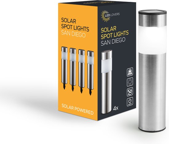 LED Lovers - Solar LED Gartenleuchte mit Erdspießen - 4er Set - Wegeleuchte mit Lichtsensor - Edelstahl - 8-10 Brennstunden - 27cm