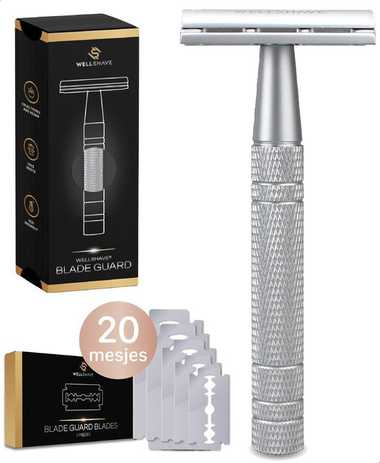 Wellshave Sicherheitsrasierer Grau - Edelstahl + 20 Rasierklingen - Damen & Herren - Rasiermesser - Sicherheitsrasierer - Doppelklinge - Einzelklinge