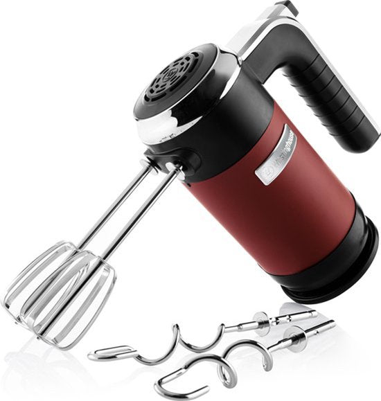 Westinghouse Retro Handmixer - 6 Geschwindigkeitsstufen + Turbofunktion - Schneebesen & Knethaken - Mit Ablageständer - 350W - Rot