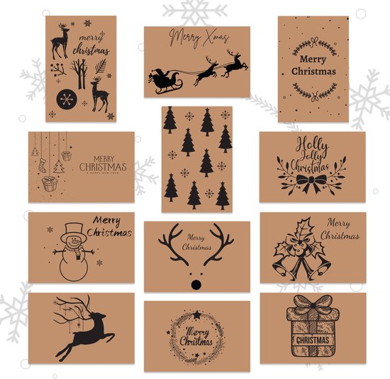 Giftmas - Weihnachtskarten - Grußkarten - 36 Stück - Mit Umschlägen und Aufklebern - 10x15cm - Braun