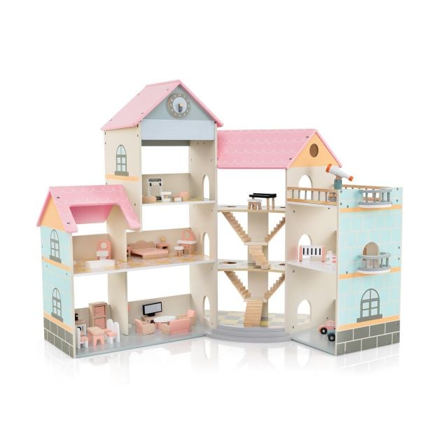 Costway Puppenhaus - 3 Etagen & 42 Zubehörteile - 107 x 82 x 94 cm - Rosa – Bild 2
