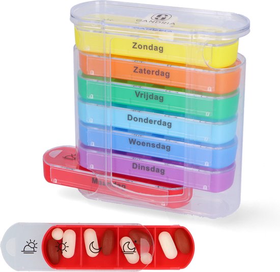 Gandria Pillenbox 7 Tage - Herausnehmbare Pillenbox - Stapelbare Medizinbox mit 28 Fächern - Medizinbox mit stabilem Verschluss - 4 Fächer pro Tag - 7 Farben