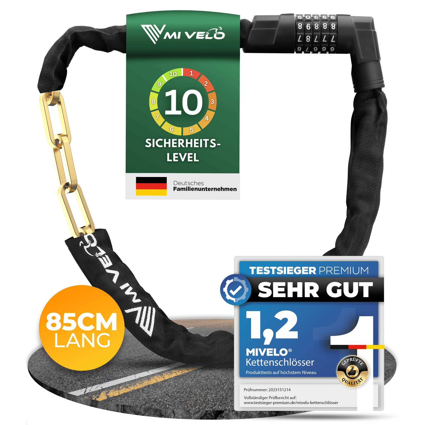MIVELO Fahrradkette - Mit Zahlenschloss - Sehr robuster Stahl - 85 CM - Schwarz