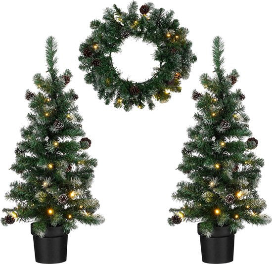Black Box Trees Norton Set aus 2 künstlichen Weihnachtsbäumen und 1 Weihnachtskranz mit LED-Lichtern - Grün gefrostet