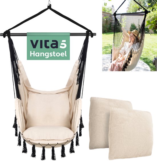Vita5 XXL Hängesessel | Indoor/Outdoor Hängenest | Inkl. 2 Kissen und Buchbox | Erwachsene & Kinder | Hängesessel bis zu 200kg | Beige ohne Aufhängesystem