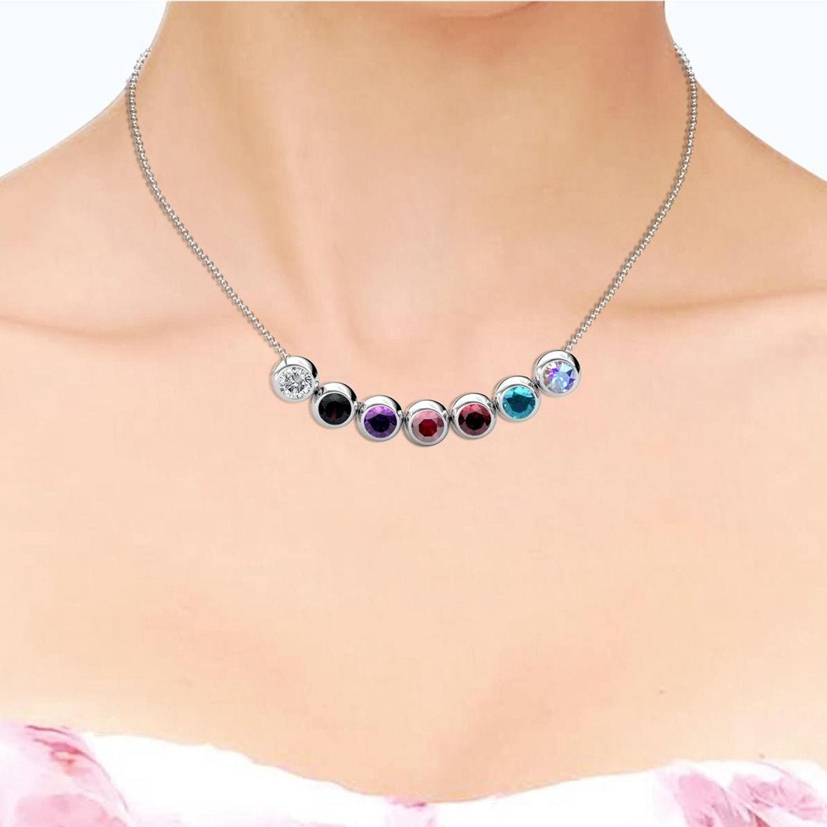 Yolora Damen-Halskette mit Anhänger - 7 farbige Kalpa Camaka Kristalle - Set mit 7 Kristallen - Farbe Silber