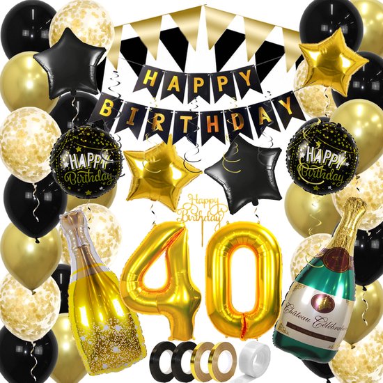 40 Jahre Party Geburtstag Dekorationen Konfetti Helium Ballons Slingers Happy Birthday Gold & Schwarz Dekoration - 60 Stück