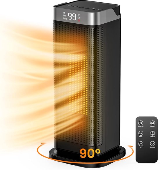 Vorteza - Keramik-Heizlüfter - bis 22 m² - 2000W - Mit Thermostat/ Drehfunktion - Innen- und Außenbereich - Ecofan-Heizung - Schwarz