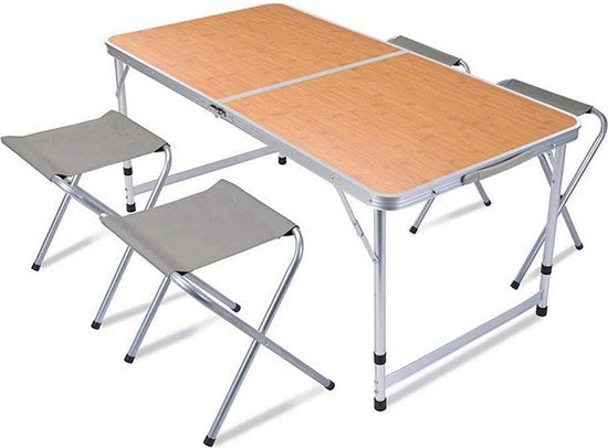 Redcliffs - Campingtisch mit 4 Stühlen - Relax Living - 120 x 60 x 40cm - Grau/Holz