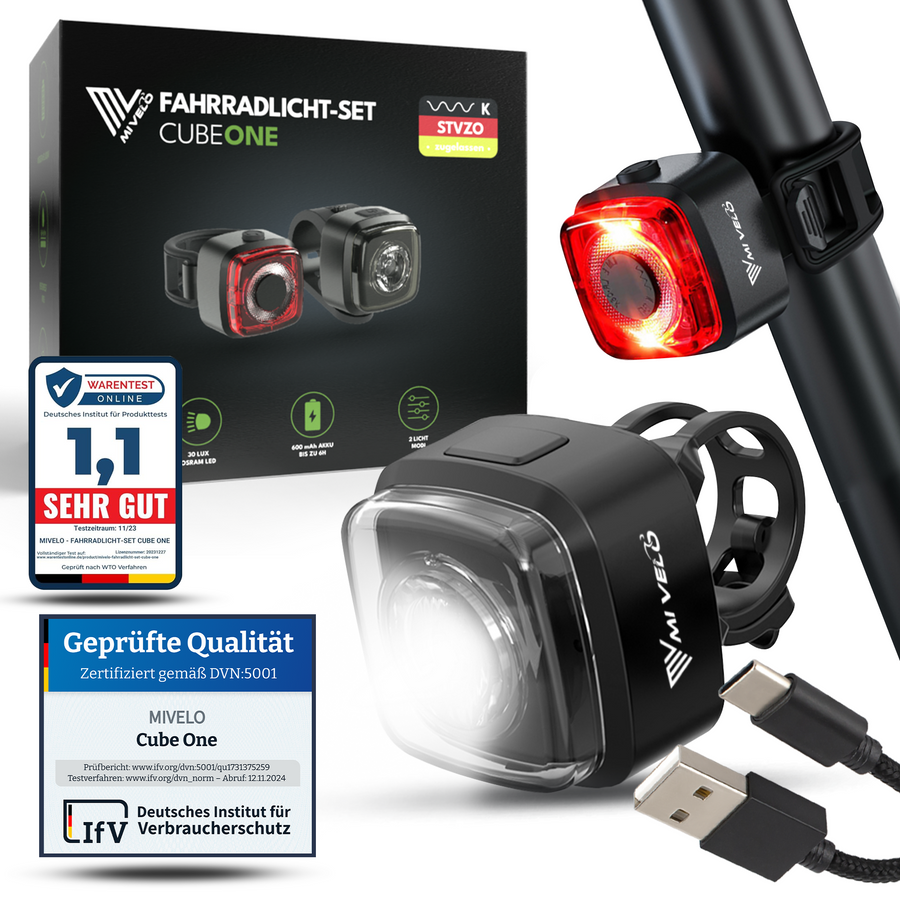 MIVELO Fahrradbeleuchtungsset Cube One LED - USB wiederaufladbar - StVZO geprüft
