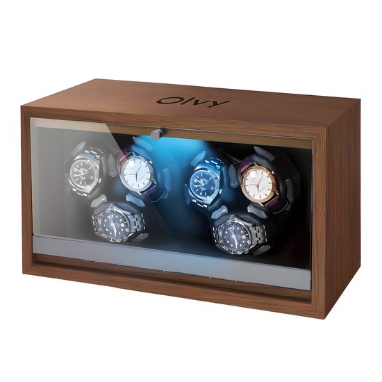 Olvy Time - Uhrenbeweger Holz - 6 Uhren - Uhrenbeweger - Uhrenbeweger - Mit LED-Beleuchtung