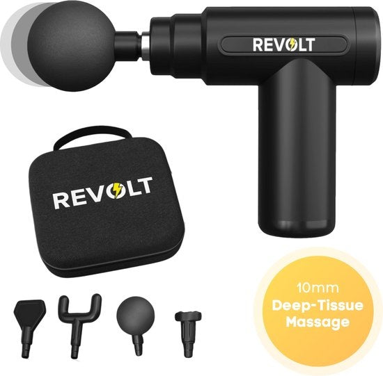 Revolt - Mini-Massagepistole - Inklusive 5 Aufsätze - Inklusive Adapter - 6 Geschwindigkeitsstufen - Muskelerholung & Muskelentspannung