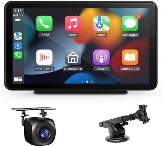 Olvy Carplay Bildschirm - Geeignet für Apple & Android - Inkl. Rückfahrkamera - Auto-Navigationssystem - Drahtlos - Touchscreen - Universal - Multimedia Autoradio - 7 Zoll