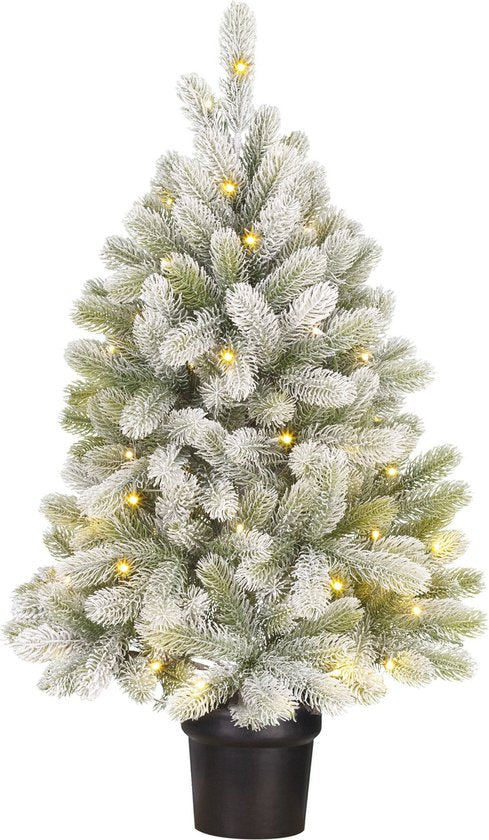 Black Box Trees Nigata Künstlicher Weihnachtsbaum im Topf mit LED-Beleuchtung - H90 x Ø55 cm - Grün gefrostet