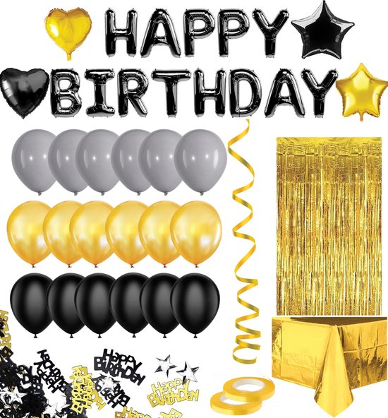 Feestio Ballons Geburtstag Dekoration mit Tischtuch und Girlanden - Helium - Schwarz Gold