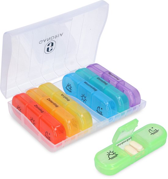 Gandria Pillenbox 7 Tage - Herausnehmbare Pillenbox - Medizinbox mit 21 Fächern - Medizinbox mit stabilem Verschluss - 3 Fächer pro Tag - 7 Farben