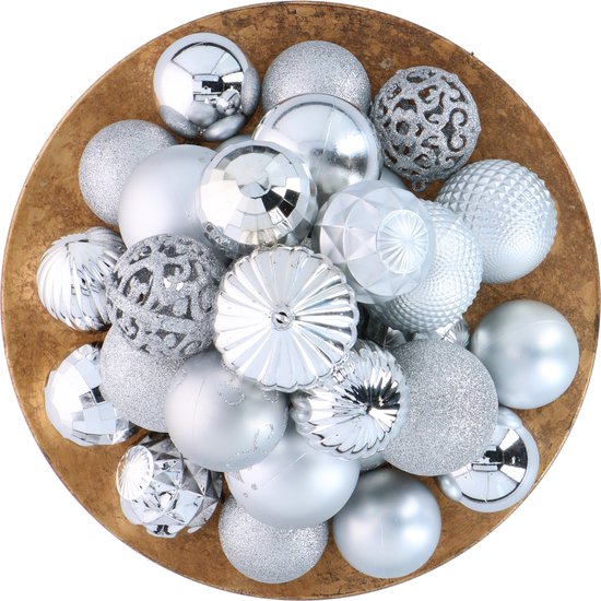 Giftsome Silberne Weihnachtskugeln Set - 60 Weihnachtskugeln aus Kunststoff - Inkl. Silberspitze - Weihnachtsdekoration - Ø6/7 cm