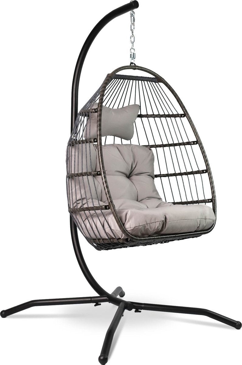 Vita5 Egg Hanging Chair - mit Ständer - für drinnen und draußen - Cocoon Chair - faltbar - bis zu 150kg - inkl. Kissen & Bezug - Hellgrau