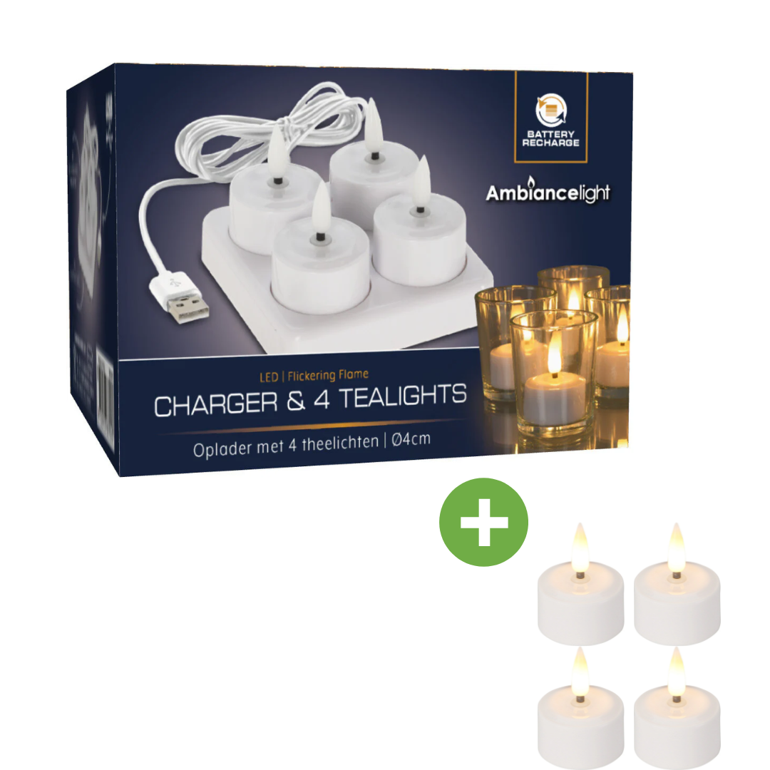 Koopman Wiederaufladbares LED-Teelicht-Set - 4-teilig - MIT Ladegerät - Inklusive 4 extra Teelichter - Weiß