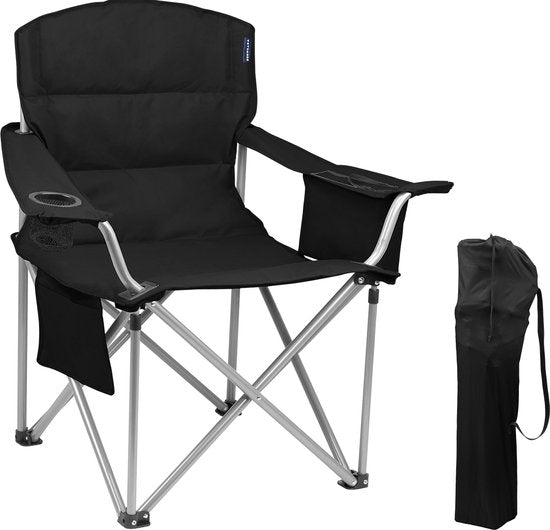 TRVLMORE Campingstuhl - Zusammenklappbar - Komfortabler Klappstuhl - 150 kg Belastbarkeit - Getränkehalter - Kühlfach - Seitentasche - Schwarz
