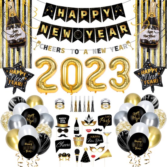 Partizzle 2023 Silvesterdekoration Paket - Silvesterfeier Dekorationen Luftballons - Frohes neues Jahr Party - Schwarz Gold Silber