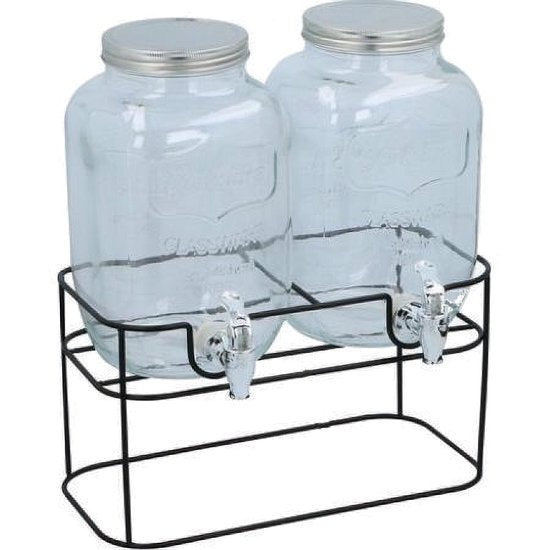 Merkloos - Doppel-Getränkespender - 2x 4 Liter - inkl. Ständer 33x17x32cm - Glas - Schwarz/Transparent