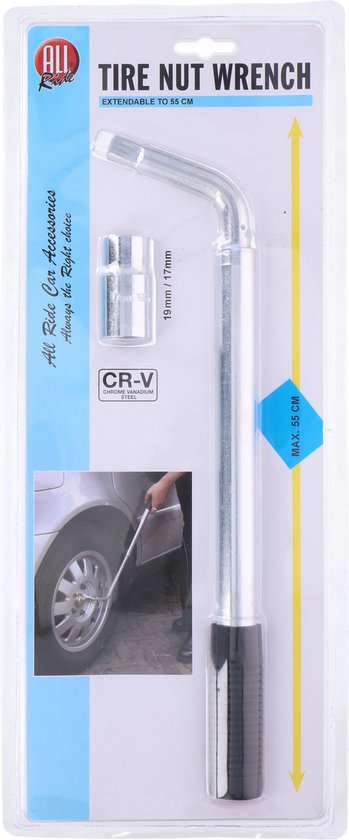 All Ride Radschlüssel - Schrauben 17-19MM - Teleskop-Radschlüssel - Ausziehbar bis zu 55CM - Chrom-Vanadium Stahl - Schwarz/Silber