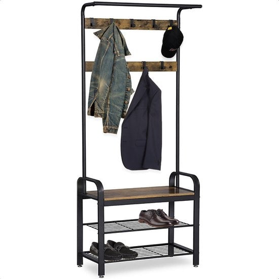 Goliving Kleiderständer - Garderobenständer - Schuhregal - Stehend - Industrieschrank - Metall/Holz - 72 x 34 x 183 cm - Braun/Schwarz