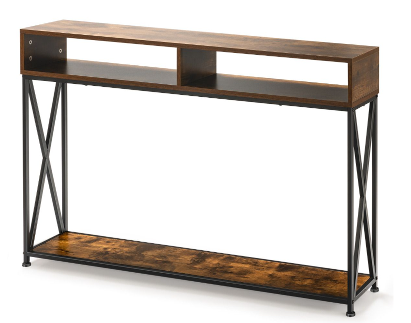 Coast Konsolentisch 120 x 23 x 79 cm - Rustikales Braun mit offener Ablage und X-Rahmen aus Stahl
