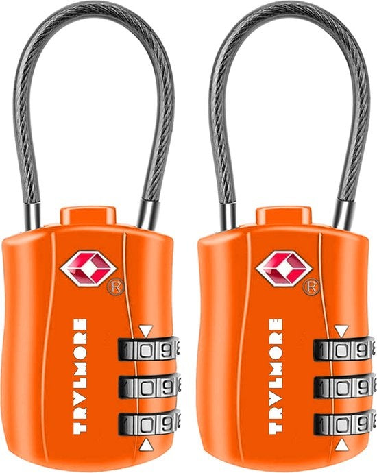 TRVLMORE Kofferschloss - TSA-Reiseschloss - Vorhängeschloss - 3-stellig - 2 Stück - Zahlenschloss - Orange