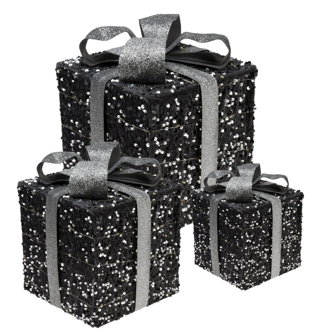 3 beleuchtete Geschenkboxen mit Led - Silber - 15cm